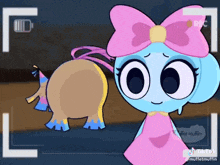 a cartoon character with a pink bow on her head is standing in front of a camera
