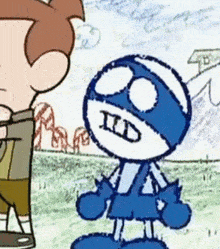a blue and white cartoon character with a id on his face