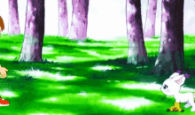 a cartoon of a boy and a rabbit standing in a field with trees in the background .