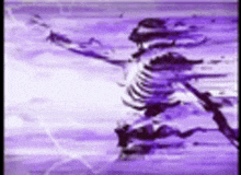 a purple painting of a skeleton holding a sword .