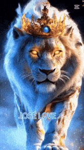 a white lion with a crown on its head and jose love written below it
