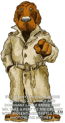 a drawing of a dog wearing a trench coat pointing at the camera .