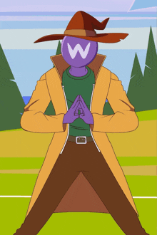 a cartoon of a man with a purple head and a hat with the letter w on it