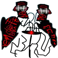 a drawing of a ghost with a red hat and the word ghost on its chest