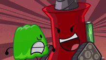 a cartoon of a green object and a red object with a smiley face