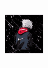 a person wearing a red and black jacket with a nike logo on the back is standing in the snow .