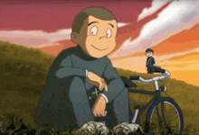 a cartoon boy sits next to a bicycle with another boy standing behind him