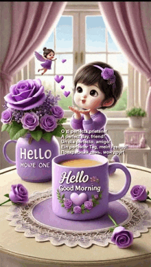 a little girl blowing a kiss next to a cup that says hello