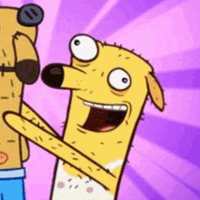 a cartoon dog is hugging another dog on a pink background .