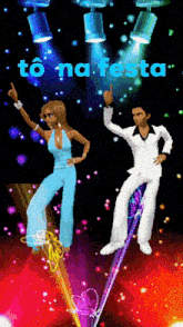 a cartoon of a man and a woman dancing with the words to na festa above them