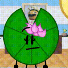 a green circle with a purple flower on it 's head .
