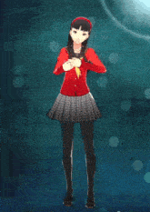 a girl in a red jacket and plaid skirt is dancing in a video game