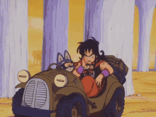 a cartoon character is sitting in a car with the letters t on the front