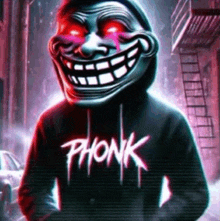 a troll is wearing a hoodie with the word phonk on it and has red eyes .