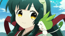 a girl with green hair is holding a small green and white animal on her shoulder