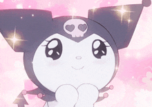 a close up of a cartoon character with a skull on her head and hearts in her eyes .