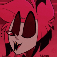 a close up of a cartoon character with pink hair and red eyes