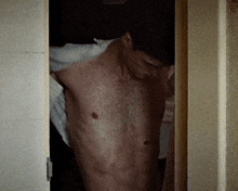 a shirtless man is standing in a doorway in a room .