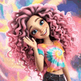 a cartoon girl with pink curly hair is wearing a tie dye crop top and jeans .