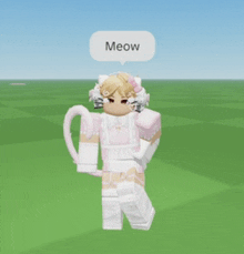 a girl in a pink and white outfit says meow