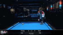 a pool table with the us open on the bottom