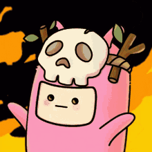 a pink cartoon character with a skull and branches on its head