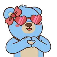 a teddy bear wearing heart shaped sunglasses and a bow