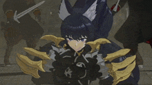 a close up of a cartoon character with a sword in her hand