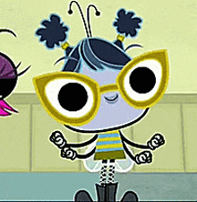 a cartoon of a girl wearing glasses and a striped shirt