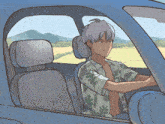 a cartoon drawing of a man driving a car
