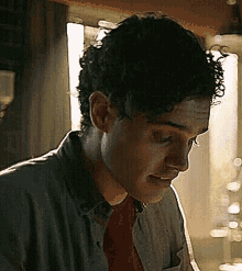 a man with curly hair is wearing a denim shirt and a red tie .