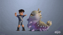 a boy is standing next to a purple monster that says elio