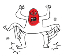 a drawing of a monster with a red face and arms