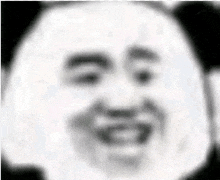 a close up of a panda 's face with a blurred background and a smile .