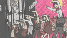 a group of people are dancing in front of a giant statue