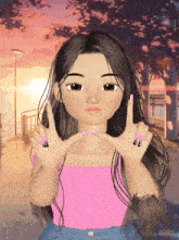 a girl in a pink top is making a heart shape with her hands
