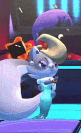 a cartoon character with a purple tail is wearing a white dress and earrings