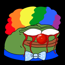 a cartoon of a green clown with a rainbow wig and a red nose