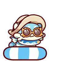 a cartoon cat wearing a hat and sunglasses is sitting on a striped float