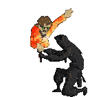 a cartoon drawing of a man in an orange shirt holding a stick next to a ninja