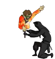 a cartoon drawing of a man in an orange shirt holding a stick next to a ninja