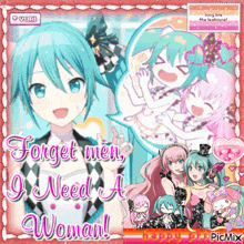 a picture of an anime girl with the words forget men i need a woman