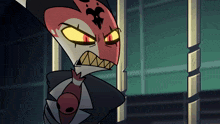 a cartoon character in a suit and tie with red eyes and sharp teeth