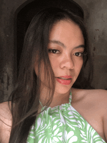 a woman with long hair is wearing a green and white floral top