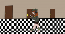 a cartoon of a girl wearing headphones walking on a checkered tile floor