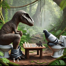 a dinosaur sitting on a toilet playing chess with a pigeon on a toilet