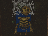 a skeleton with a spider web behind him