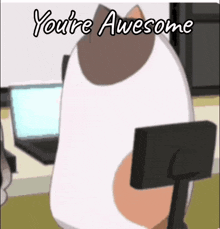 a cartoon cat is sitting in front of a computer with the words " you 're awesome " written above it