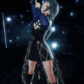 a girl in a blue jacket is holding a microphone and covering her face