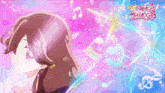 a girl with brown hair is surrounded by musical notes and hearts